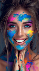 Festival Radiance: Close-Up of Smiling Woman with Blue Eyes, Adorned in Holy Festival Colors - A Vibrant Portrait of Joy and Colorful Celebration - Generative AI