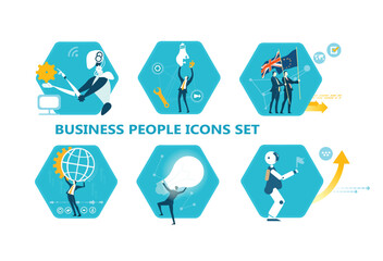 Fototapeta premium Business people and robot in actions, working, researching, analysing, developing, achieving, job positions, scientists and managers. Set of icons, flat style