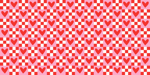 Red love heart seamless pattern illustration. Checkered romantic pink hearts background print. Valentine's day holiday backdrop texture, romantic wedding design.	