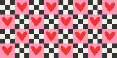 Red love heart seamless pattern illustration. Checkered romantic pink hearts background print. Valentine's day holiday backdrop texture, romantic wedding design.	
