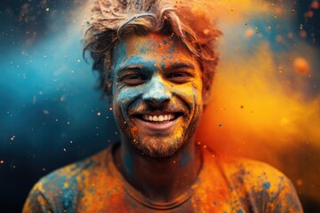 Happy positive smiling fun man all stained with colorful paint celebrating Holi festival party with friends. - obrazy, fototapety, plakaty