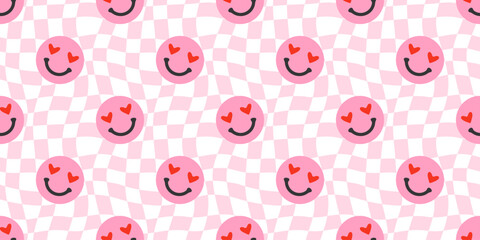 Funny happy face in love colorful cartoon seamless pattern. Retro psychedelic pink smile icon background texture for valentine's day or romantic concept. Trendy checkered doodle wallpaper. - Powered by Adobe