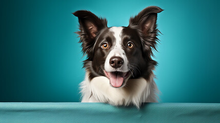 An border collie looking happy. Isolated on a pastel blue background.