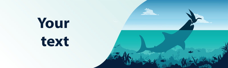 Shark eats bird. Undersea world. Place for text