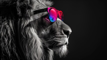 Cool Lion with Sunglasses Portrait - obrazy, fototapety, plakaty