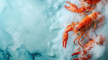 Fresh red lobsters with prominent claws lie amidst a mist of dry ice, evoking a fresh seafood concept, copyspace - obrazy, fototapety, plakaty