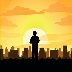 silhouette of a man looking at the city. Sunset