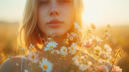 Portrait of a young beautiful girl with fresh cut flowers, in pastel colors, Joyful anticipation of spring