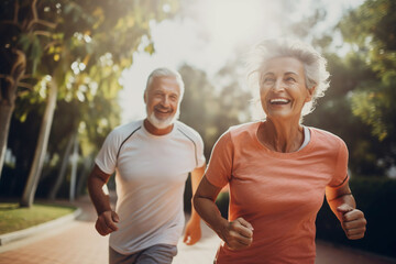 Mature retired couple is jogging on a sunny summer day