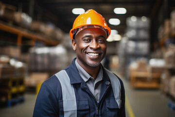 Middle-aged black man in hard hat stands against the background of a warehouse