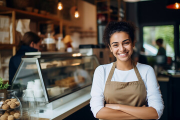 Attractive young woman at the counter in a coffee shop smiles affably and looks at the camera - obrazy, fototapety, plakaty
