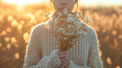 Portrait of a young beautiful girl with fresh cut flowers, in pastel colors, Joyful anticipation of spring