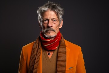 Handsome senior man with orange coat and scarf on black background