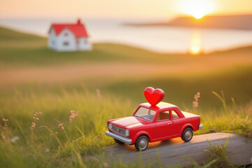 Scene of a wooden toy car with a red heart on the roof, resting on a spring meadow, blurred background of a coastal landscape - Valentine's day