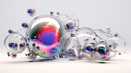 Transparent sculpture of huge balls blending together, over water on a white background. 3D concept design illustration.