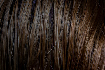 Close up background of wet female hair after bathing with shampoo, warm brown colors.
