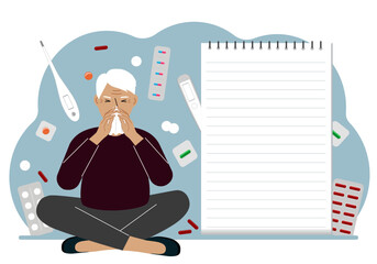 A sick old man with a runny nose holds a handkerchief. Nearby there are a lot of medicines, pills, thermometers and a large notebook for notes.