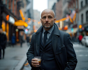 Urban Elegance: Bald-Headed Man in Suit Savoring Coffee in the City - A Snapshot of Sophistication and City Charm Amidst the Bustling Streets - Generative AI
