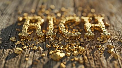 word RICH made from gold nugget on old wooden platform
