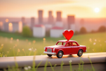 Scene of a wooden toy car with a red heart on the roof, resting on a spring meadow, blurred background of a metropolis landscape - Valentine's day