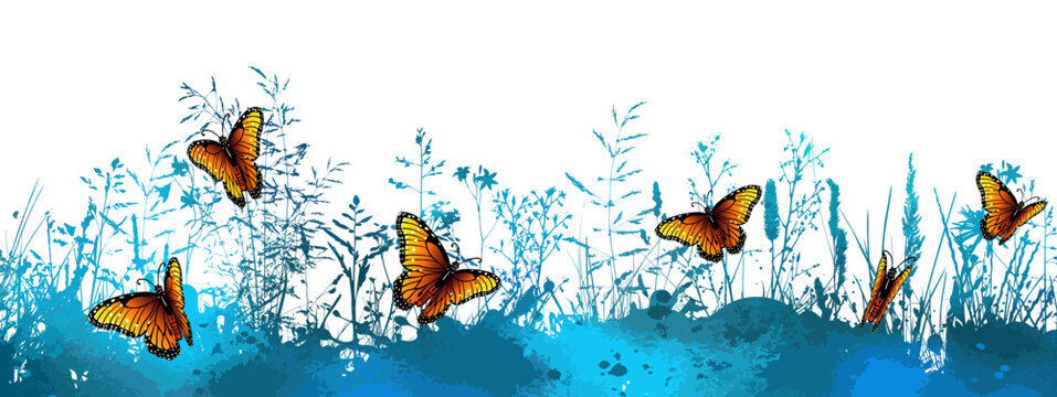 Vector illustration with butterflies in grass silhouette on white background. hand drawing. Not AI,