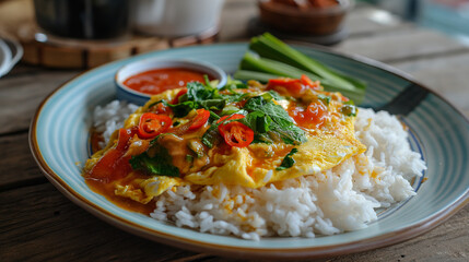 Fototapeta na wymiar Thai style omelets over rice