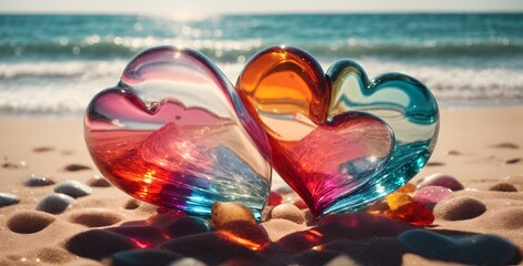 heart on the beach abstract, glass, blue, water, color, colorful, green, 