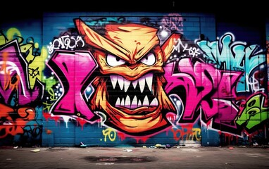 Graffiti on the wall with image of monster head.
