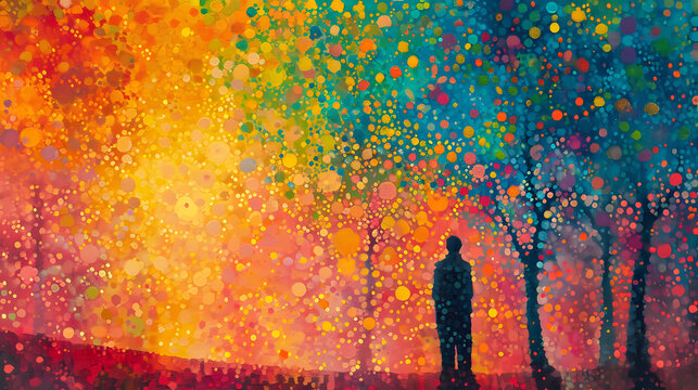 A vibrant painting of a person standing in awe before a majestic orange tree, blending art and nature in perfect colorfulness