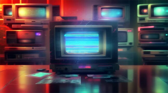 An old damaged VHS tape playing, over noise from an analog TV, Vintage Video Playback, Retro Technology Concept, Nostalgic Video Footage, Vintage Media Background