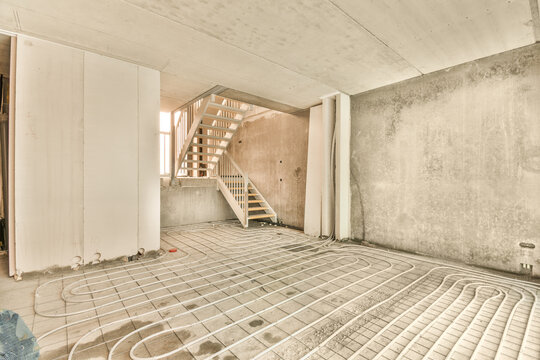 the interior of a room with a staircase in it