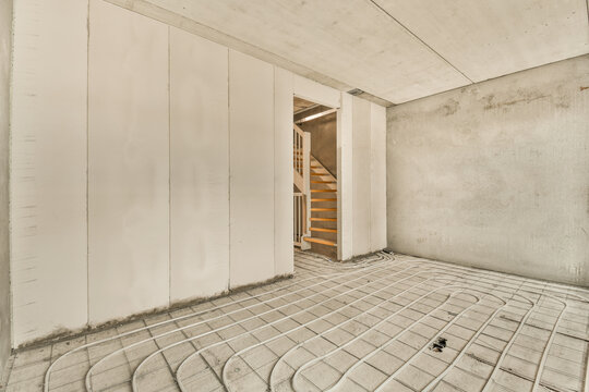 an unfinished room with a staircase in the back of