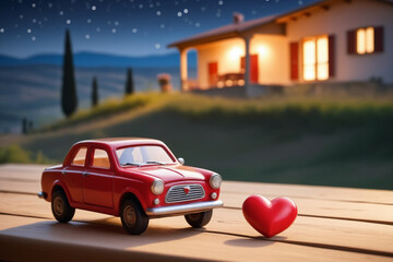 Scene of a wooden toy car with a red heart on the roof, resting on a wooden table, blurred background of an Italian countryside - Valentine's day