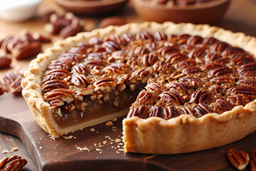 Pecan Pie - Popular in the Southern United States, pecan pie is made with a filling of pecans, corn syrup, sugar, and eggs, baked in a pie crust - obrazy, fototapety, plakaty