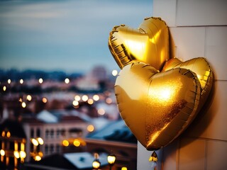 Gold heart shaped balloons on a city background, evening lights, romantic ambience