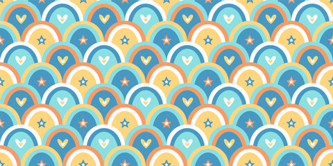 Children Seamless Pattern Light Blue and Yellow Colors. Cute Ornament Background Endless Repeat. Cute Decorative Geometric Kids Wave Backdrop.