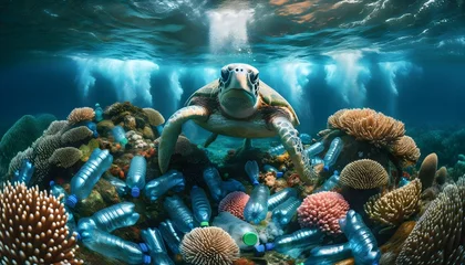 Zelfklevend Fotobehang Sea turtle swimming in ocean full of plastic bottles, marine pollution concept, environment, animals and wildlife background © Karlo