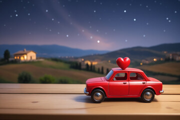 Fototapeta na wymiar Scene of a wooden toy car with a red heart on the roof, resting on a wooden table, blurred background of an Italian countryside - Valentine's day
