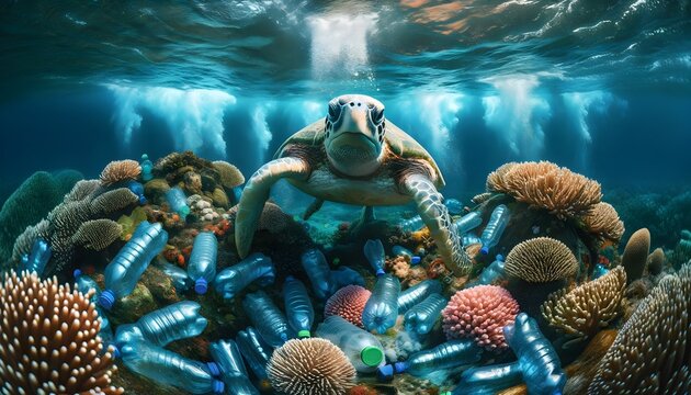 Sea turtle swimming in ocean full of plastic bottles, marine pollution concept, environment, animals and wildlife background