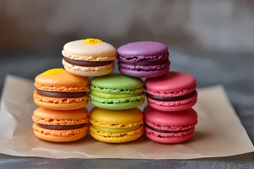 Keuken spatwand met foto Macarons - Originating in France, macarons are delicate sandwich cookies made from almond flour, filled with various flavored creams or jams © Russell