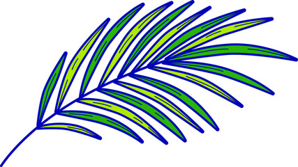 Hand-drawn tropical palm leaf in blue and green colors. Nature themed graphic art with vibrant foliage. Botanical design elements vector illustration.