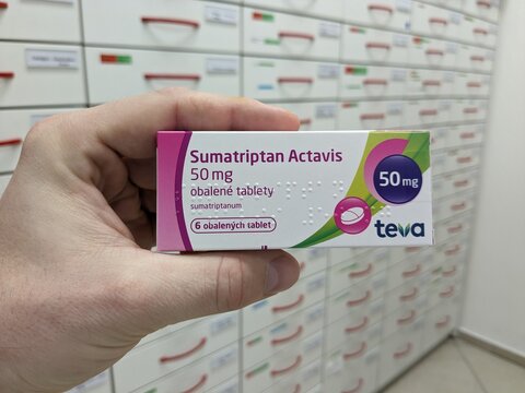 Prague,Czech republic&ndash;January 16 2024:Pharmacy store-Sumatriptan ACTAVIS pills for treatment of migraine and  head aches