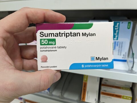Prague,Czech republic&ndash;January 11 2024:Pharmacy store-Sumatriptan Mylan pills for treatment of migraine and head aches, boxes of drugs laying on pharmacy shelves	