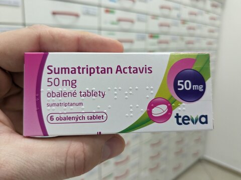 Prague,Czech republic&ndash;January 16 2024:Pharmacy store-Sumatriptan ACTAVIS pills for treatment of migraine and  head aches
