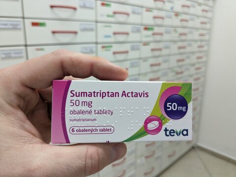 Prague,Czech republic&ndash;January 16 2024:Pharmacy store-Sumatriptan ACTAVIS pills for treatment of migraine and  head aches
