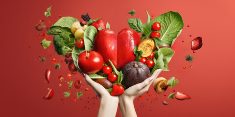 Hands holding an abundance of fresh vegetables and fruits with leaves and berries levitating...