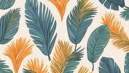 Fototapeta na wymiar Seamless pattern background of drawn palms. Palm Sunday. Tapestry with palms design. Christian celebration concept.