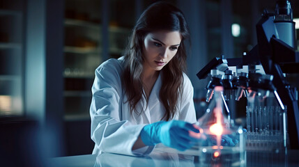 Serious concentrated female microbiologist doing research in laboratory
