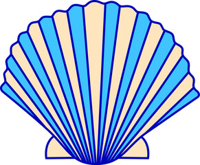 Blue and beige scallop shell, marine life, simple sea shell design. Nautical theme, ocean object, beach decor vector illustration.