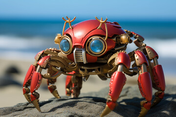 Robot crab on the sandy beach. Concept of modern technologies and robotics - obrazy, fototapety, plakaty